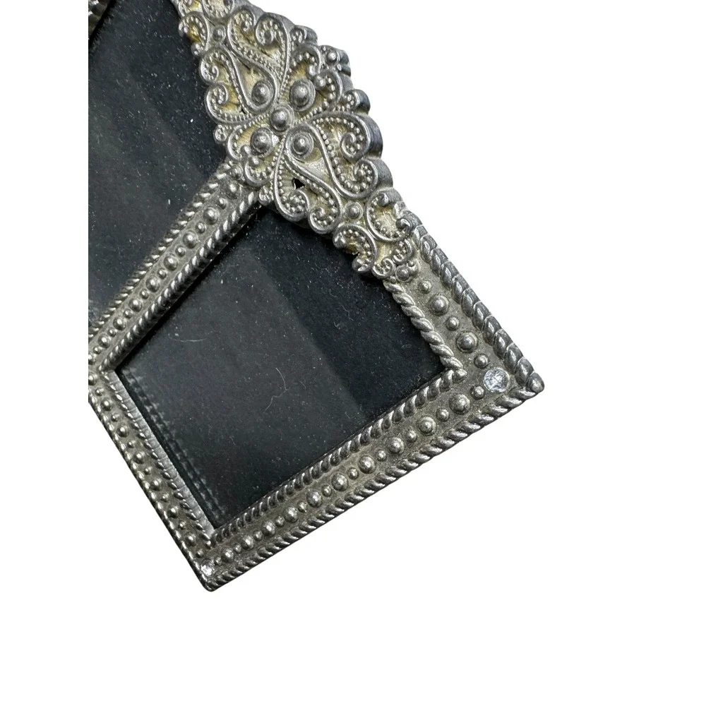 Vintage Silver Ornate Double Picture Frame Beaded Rhinestone 2.75x3.75 Mini
